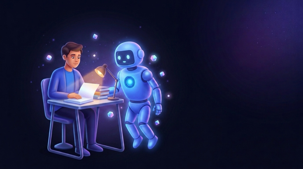 A student studying late at night with a patient AI companion